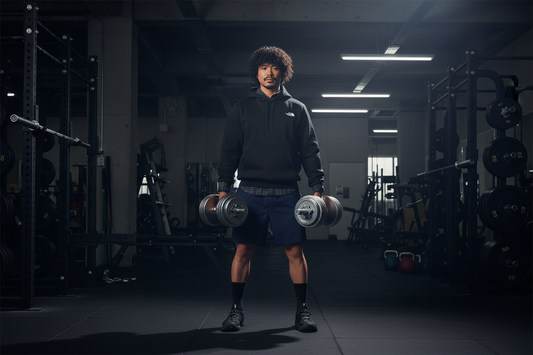 Desktop banner - Man with dumbbells in The North Face hoodie