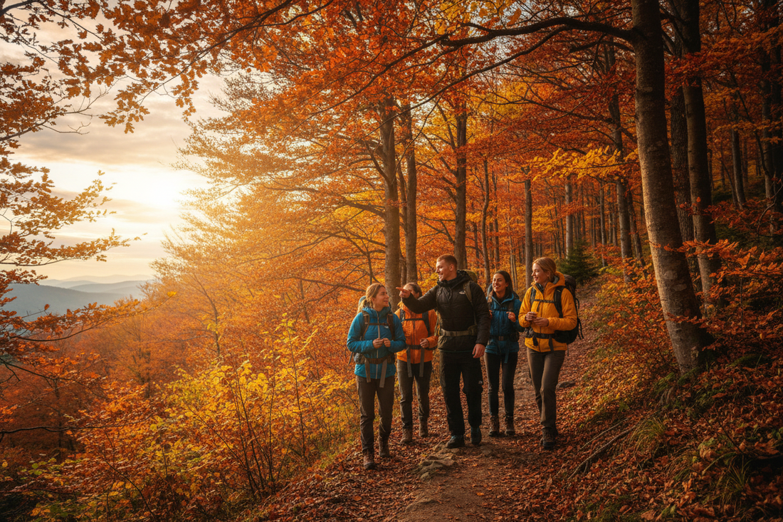 Friends hiking in fall foliage