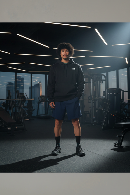 Mobile banner - Man standing in gym wearing The North Face hoodie